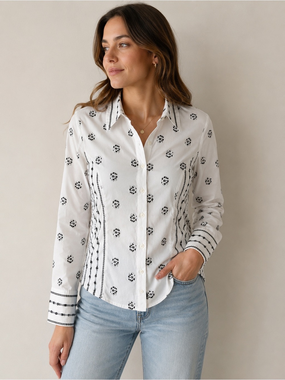 Rayure Paris White and Black Embroidered Button Down Blouse